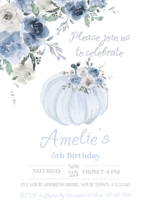 Little Pumpkin Floral Birthday Invitation Dusty Blue - www.printerfairy.com design preview