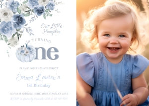 Little Pumpkin Floral 1st Birthday Invitation Dusty Blue with Photo - www.printerfairy.com design preview