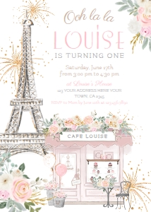 Paris 1st Birthday Invitation_2 (white, pink) - www.printerfairy.com design preview