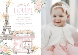 Paris 1st Birthday Invitation with photo_2 (white, pink) - www.printerfairy.com design preview