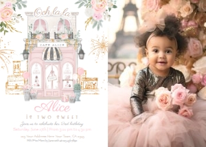 Paris 2nd Birthday Invitation with photo (white, pink) - www.printerfairy.com design preview