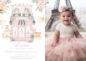 Paris 1st Birthday Invitation with photo_1 (white, pink) - www.printerfairy.com design preview