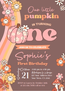 Little Pumpkin Groovy First Birthday Invitation - www.printerfairy.com design preview