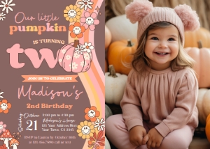 Little Pumpkin Groovy 2nd Birthday Invitation with photo - www.printerfairy.com design preview