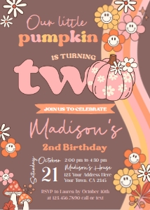 Little Pumpkin Groovy Second Birthday Invitation - www.printerfairy.com design preview