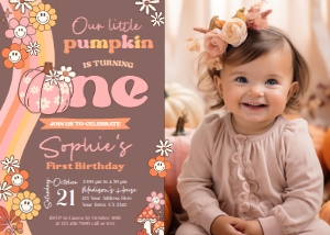 Little Pumpkin Groovy First Birthday Invitation with photo - www.printerfairy.com design preview