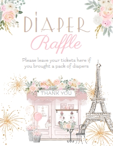 Paris Baby Shower Diaper Raffle Sign (white, pink) - www.printerfairy.com design preview