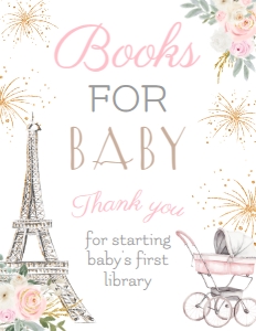 Paris Baby Shower Books for Baby Sign (white, pink) - www.printerfairy.com design preview