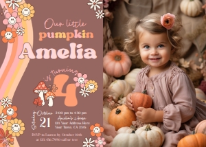 Little Pumpkin Groovy Birthday Invitation with Photo - www.printerfairy.com design preview