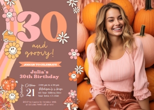 Pumpkin Groovy 30th Birthday Invitation with Photo - www.printerfairy.com: Pumpkin Groovy 30th Birthday Invitation with Photo - www.printerfairy.com