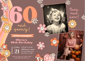 Little Pumpkin Groovy Adult Birthday Invitation with Photo (7x5) - www.printerfairy.com design preview
