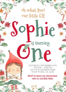 Christmas Elf One Birthday Invitation (5x7) - www.printerfairy.com design preview
