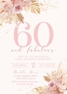 60s Birthday Pampas Grass Invitation (pink) - www.printerfairy.com design preview