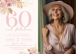 60s Birthday Pampas Grass Invitation with Photo (pink) - www.printerfairy.com design preview