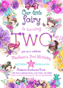 Fairies 2nd Birthday Invitation (pink, gold) - www.printerfairy.com design preview