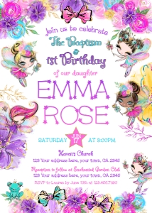 Fairies Baptism and 1st Birthday Invitation (pink, gold) - www.printerfairy.com design preview