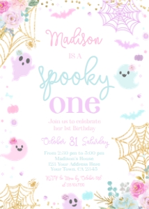 Ghost Floral Halloween 1st Birthday Invitation (Pastels & Gold) - www.printerfairy.com design preview
