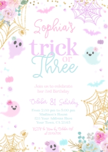 Ghost Floral Halloween 3rd Birthday Invitation (Pastels & Gold) - www.printerfairy.com design preview