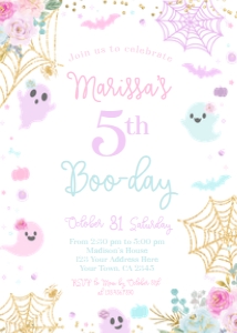 Ghost Floral Halloween Birthday Invitation (Pastels & Gold) - www.printerfairy.com design preview