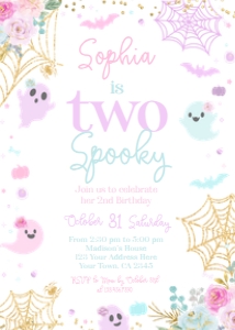 Ghost Floral Halloween 2nd Birthday Invitation (Pastels & Gold) - www.printerfairy.com design preview