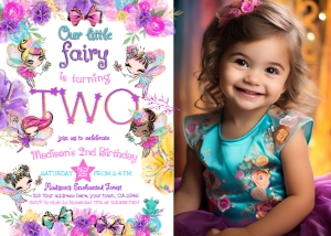 Fairies 2nd Birthday Invitation with photo (pink, gold) - www.printerfairy.com design preview