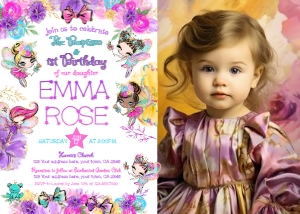 Fairies Baptism and 1st Birthday Invitation with photo (pink, gold) - www.printerfairy.com design preview