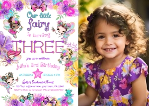 Fairies 3rd Birthday Invitation with photo (pink, gold) - www.printerfairy.com design preview