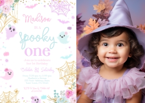 Ghost Floral Halloween 1st Birthday Invitation with Photo - www.printerfairy.com design preview