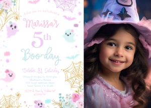 Ghost Floral Halloween Birthday Invitation with photo - www.printerfairy.com design preview