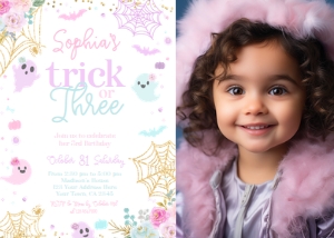 Ghost Floral Halloween 3rd Birthday Invitation with Photo - www.printerfairy.com design preview