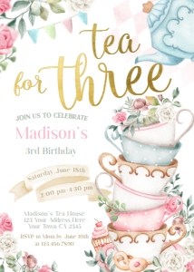 Tea Party 3rd Birthday Invitation - www.printerfairy.com design preview