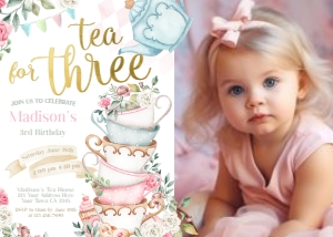 Tea Party 3rd Birthday Invitation with Photo - www.printerfairy.com design preview