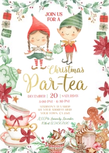Tea Party Christmas Elves Invitation - www.printerfairy.com design preview