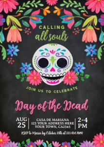 Día de los Muertos Party Invitation (black background) - www.printerfairy.com design preview