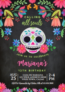 Día de los Muertos Birthday Invitation (black) - www.printerfairy.com design preview