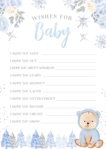 Winter Wonderland Bear Baby Boy Shower Wishes for baby card (5x7) - www.printerfairy.com design preview