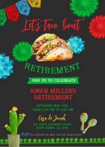 "Taco 'bout Retirement! Invitation (Black, 5x7) - www.printerfairy.com: Taco 'bout Retirement! Invitation (black, red) - www.printerfairy.com