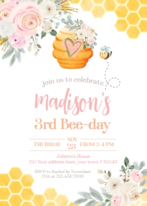 Bee  Birthday Invitation - All Ages (Pink Yellow) - www.printerfairy.com design preview