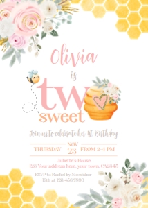 Bee 2nd Birthday Invitation (Pink Yellow) - www.printerfairy.com design preview