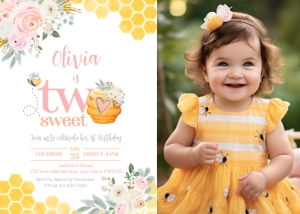 Bee 2nd Birthday Invitation with photo (Pink Yellow) - www.printerfairy.com design preview