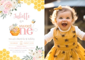 Bee 1st Birthday Invitation with photo (Pink Yellow) - www.printerfairy.com design preview