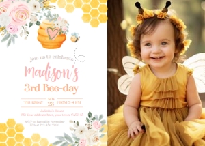 Bee Birthday Invitation - All Ages with photo (Pink Yellow) - www.printerfairy.com design preview
