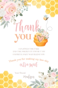 Bee Birthday Thank You Card (Pink Yellow) - www.printerfairy.com design preview
