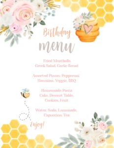 Bee Birthday Menu (Pink Yellow) - www.printerfairy.com design preview