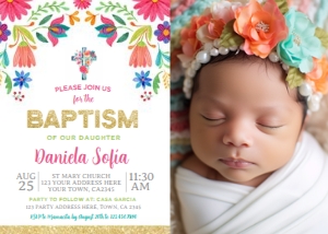 Fiesta Floral Baptism Invitation with Photo (7x5) - www.printerfairy.com design preview