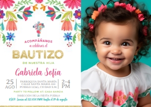 Fiesta Floral Invitación Bautismo wit Photo (7x5) - www.printerfairy.com design preview