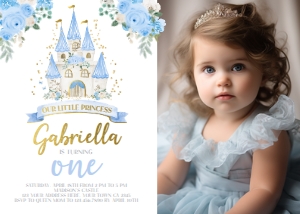 Princess Castle 1st Birthday Invitation with photo (Blue) - www.printerfairy.com: Princess Castle 1st Birthday Invitation with photo (Blue) - www.printerfairy.com