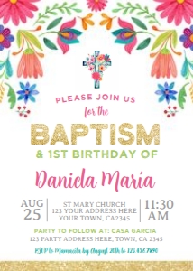 Fiesta Floral baptism + 1st Birthday Invitation (5x7) - www.printerfairy.com design preview