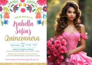 Fiesta Floral Quinceañera Invitation with Photo (7x5) - www.printerfairy.com design preview