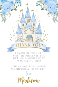 Princess Castle Birthday Thank You Card (Blue) - www.printerfairy.com design preview